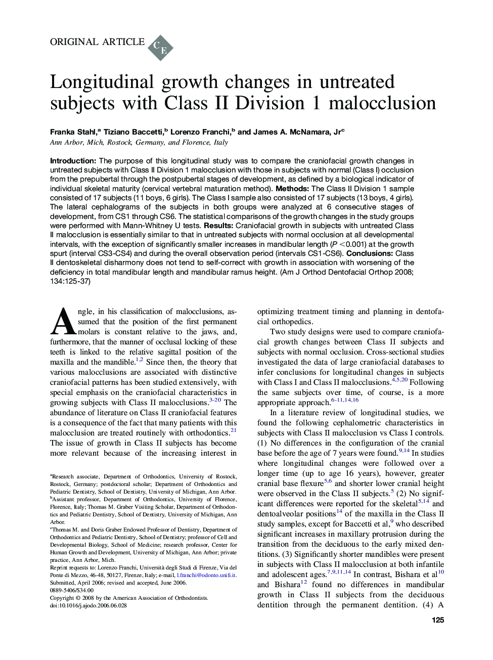 Longitudinal growth changes in untreated subjects with Class II Division 1 malocclusion