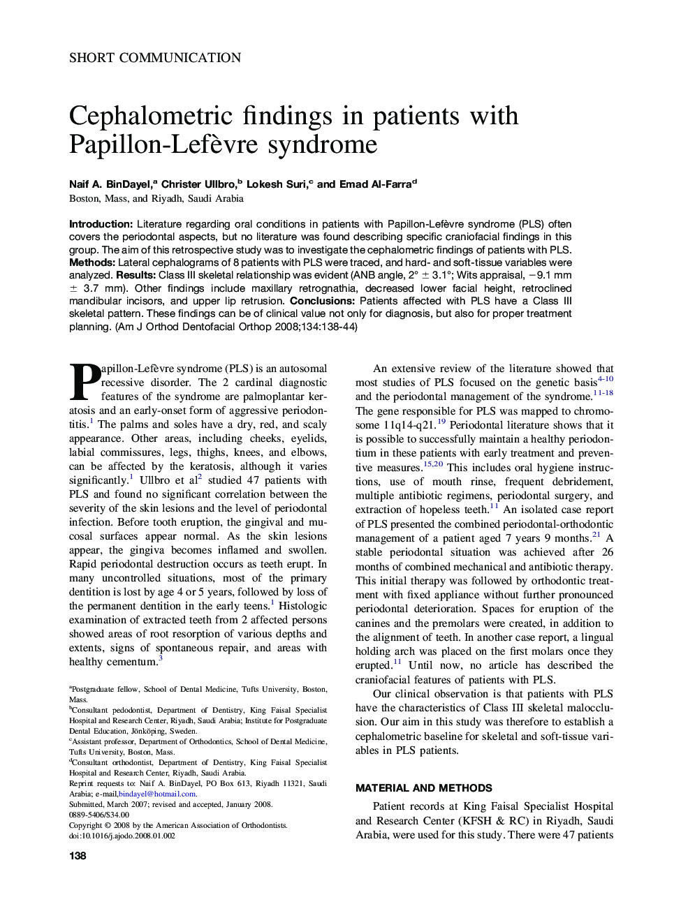 Cephalometric findings in patients with Papillon-Lefèvre syndrome