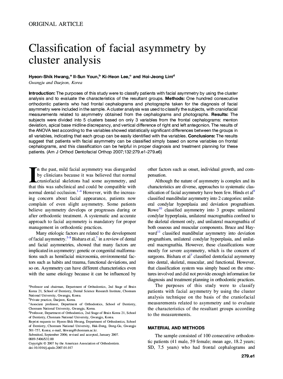 Classification of facial asymmetry by cluster analysis