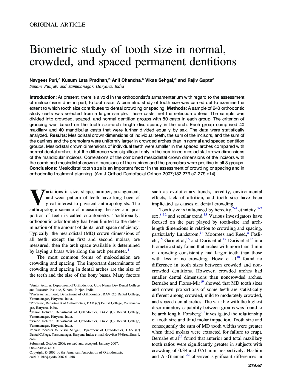 Biometric study of tooth size in normal, crowded, and spaced permanent dentitions