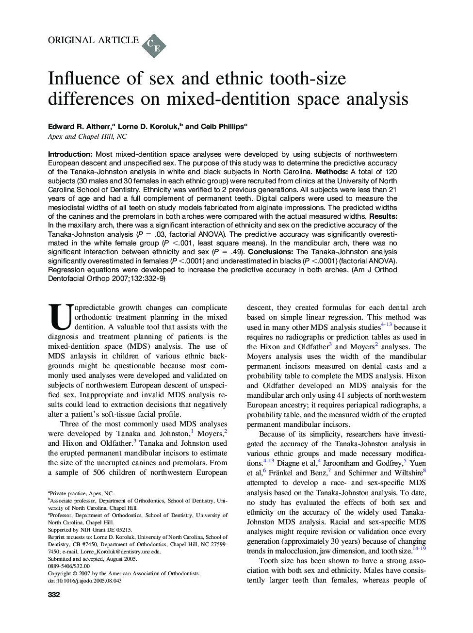 Influence of sex and ethnic tooth-size differences on mixed-dentition space analysis 