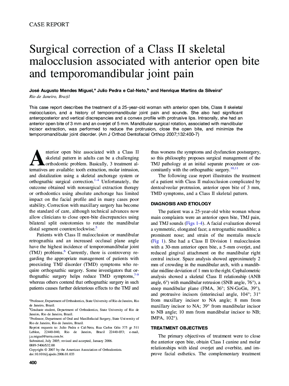 Surgical correction of a Class II skeletal malocclusion associated with anterior open bite and temporomandibular joint pain