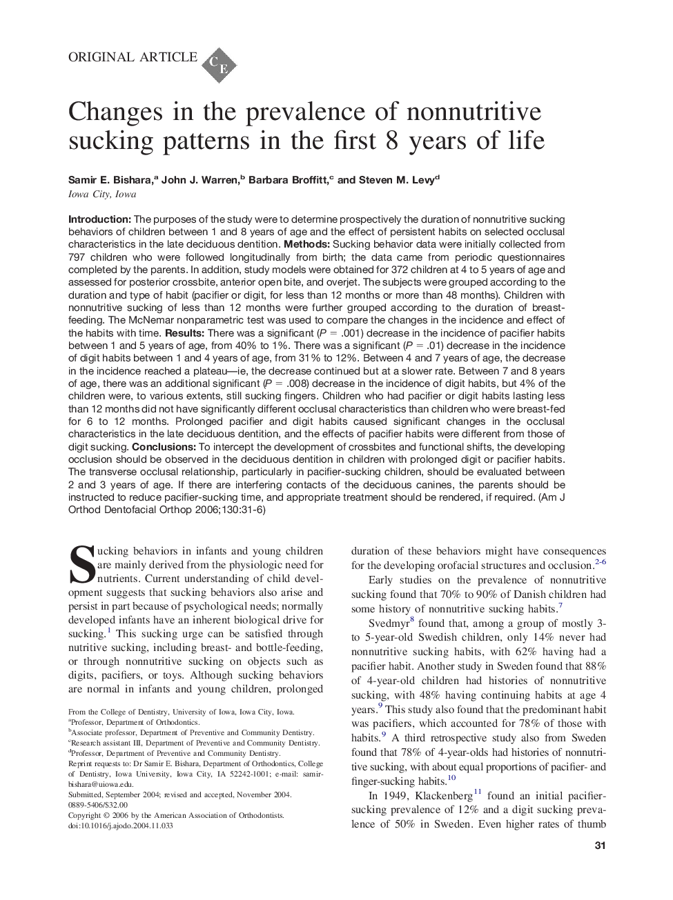 Changes in the prevalence of nonnutritive sucking patterns in the first 8 years of life