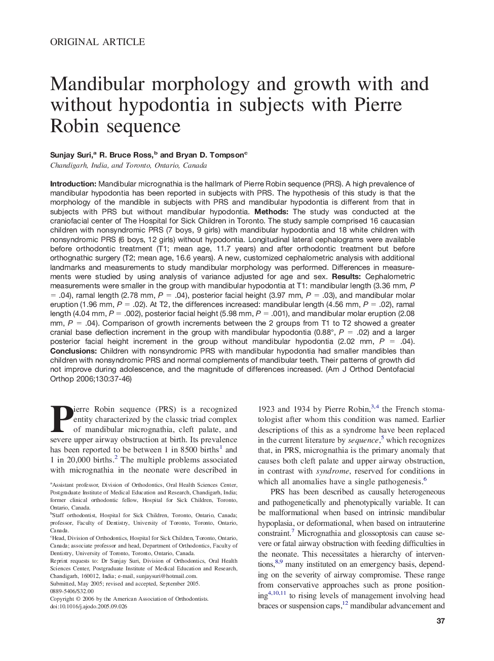 Mandibular morphology and growth with and without hypodontia in subjects with Pierre Robin sequence