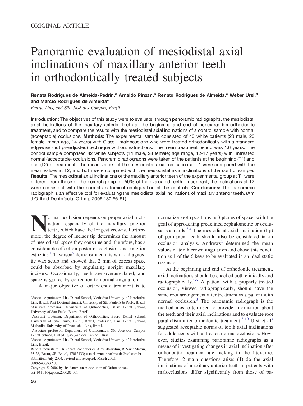 Panoramic evaluation of mesiodistal axial inclinations of maxillary anterior teeth in orthodontically treated subjects