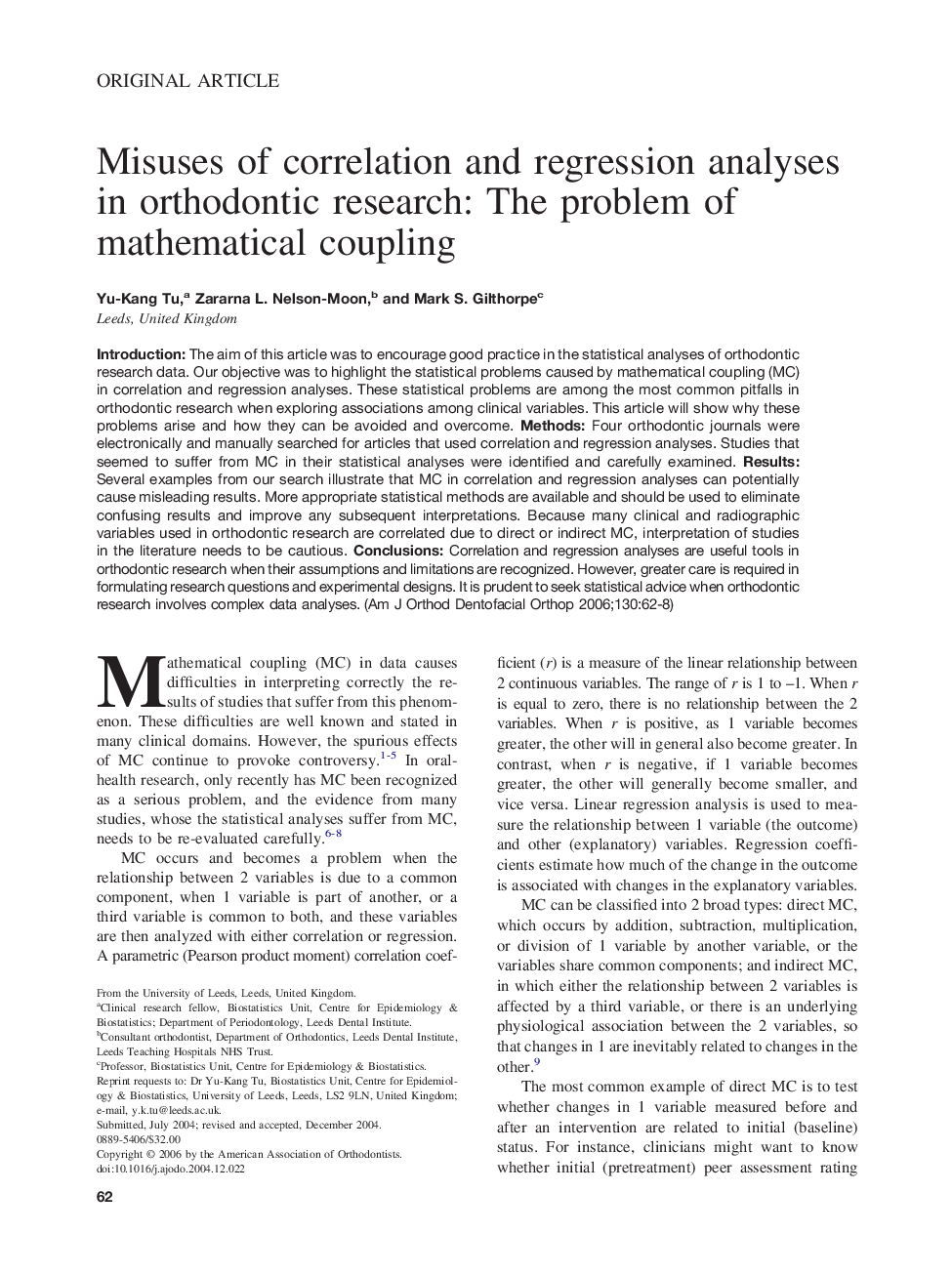 Misuses of correlation and regression analyses in orthodontic research: The problem of mathematical coupling