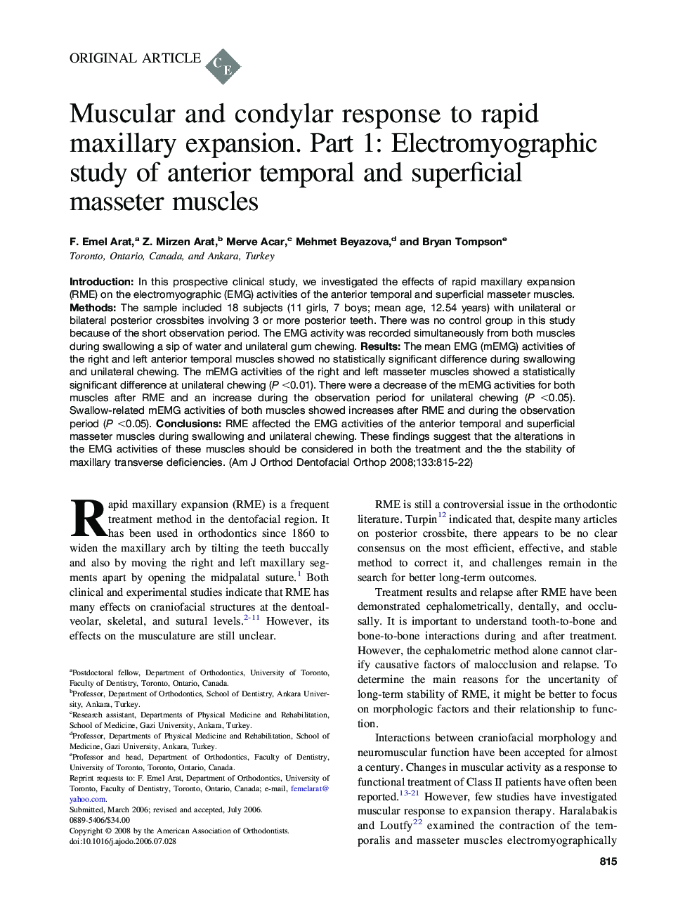 Muscular and condylar response to rapid maxillary expansion. Part 1: Electromyographic study of anterior temporal and superficial masseter muscles