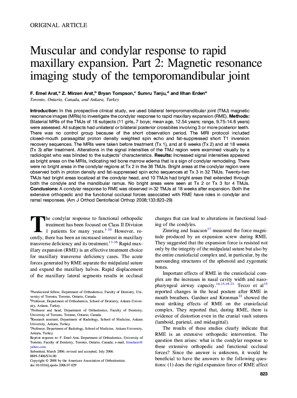 Muscular and condylar response to rapid maxillary expansion. Part 2: Magnetic resonance imaging study of the temporomandibular joint