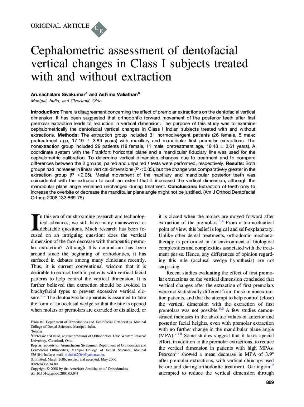 Cephalometric assessment of dentofacial vertical changes in Class I subjects treated with and without extraction