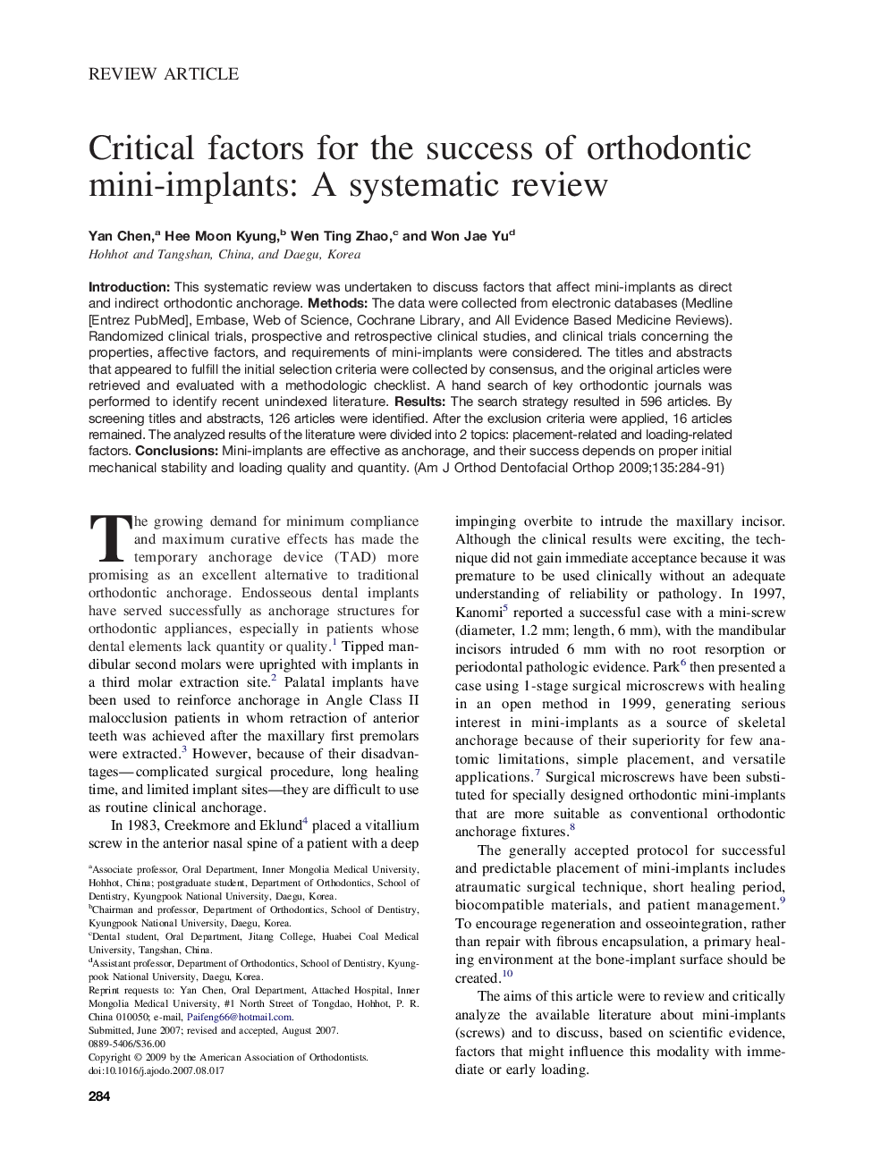 Critical factors for the success of orthodontic mini-implants: A systematic review