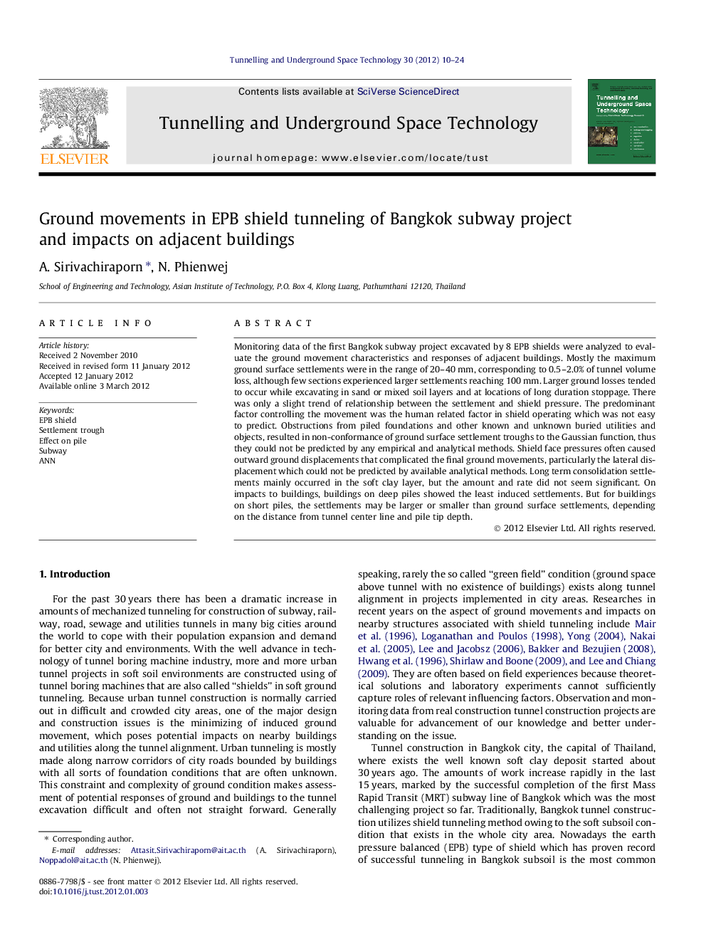 Ground movements in EPB shield tunneling of Bangkok subway project and impacts on adjacent buildings