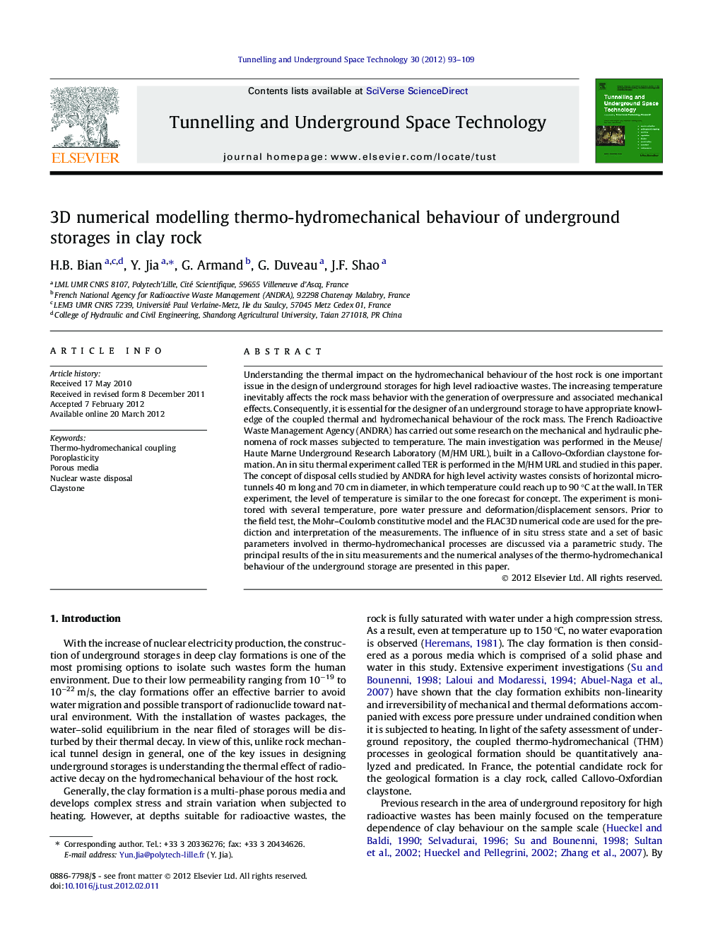 3D numerical modelling thermo-hydromechanical behaviour of underground storages in clay rock