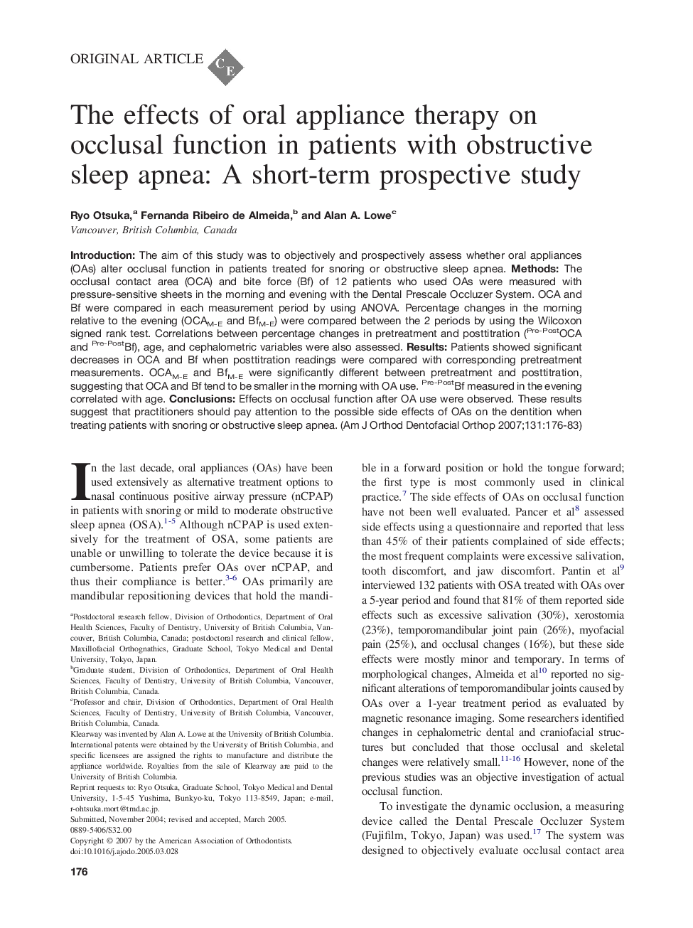 The effects of oral appliance therapy on occlusal function in patients with obstructive sleep apnea: A short-term prospective study 