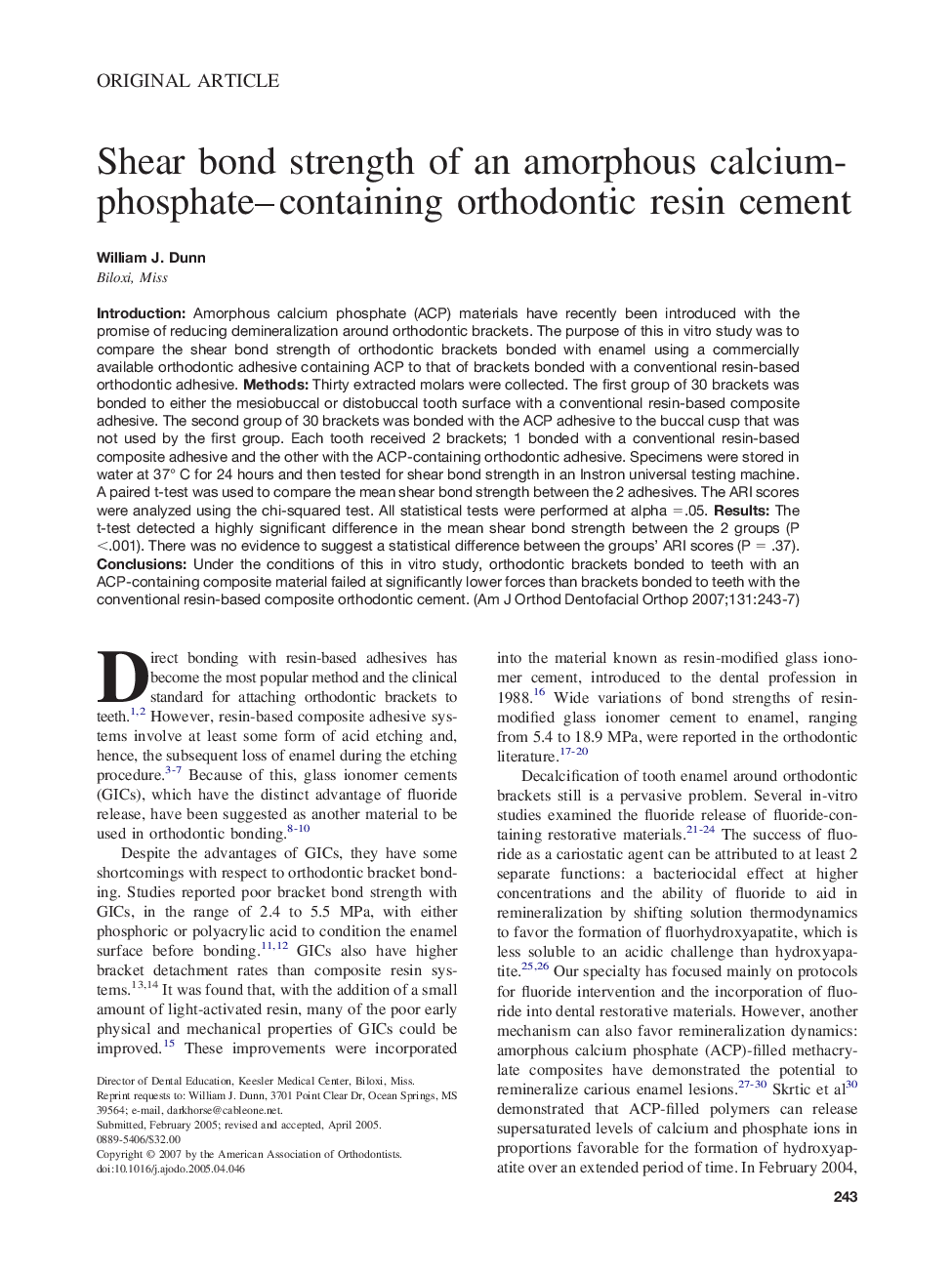 Shear bond strength of an amorphous calcium-phosphate–containing orthodontic resin cement