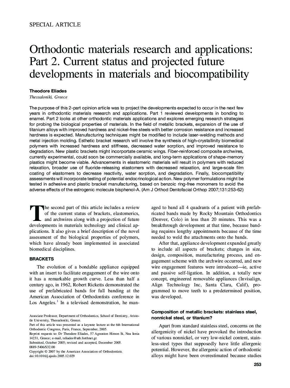 Orthodontic materials research and applications: Part 2. Current status and projected future developments in materials and biocompatibility