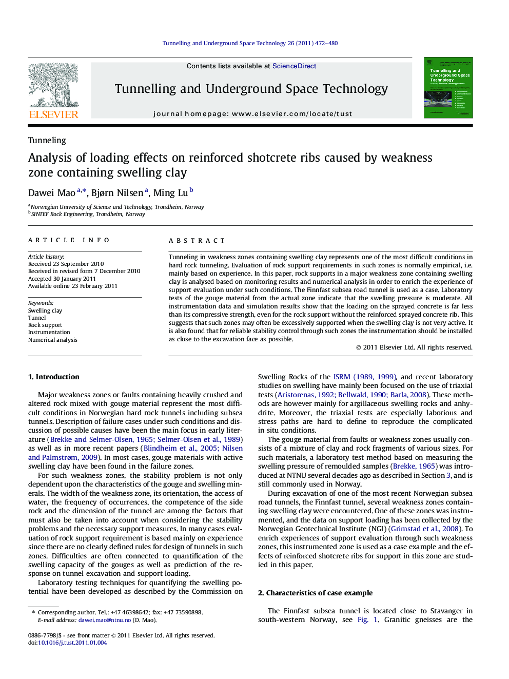 Analysis of loading effects on reinforced shotcrete ribs caused by weakness zone containing swelling clay