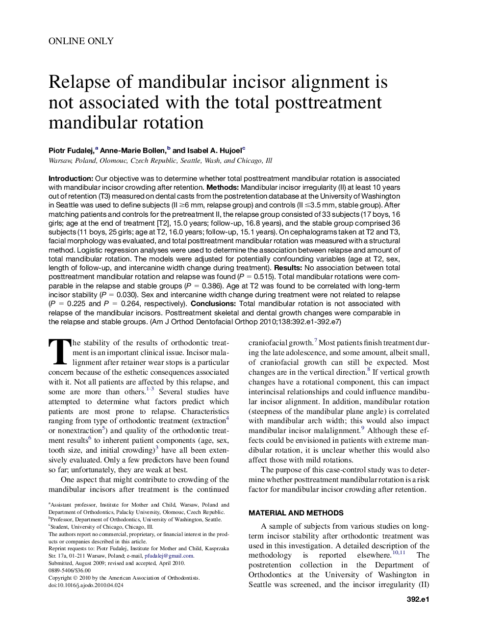 Relapse of mandibular incisor alignment is not associated with the total posttreatment mandibular rotation