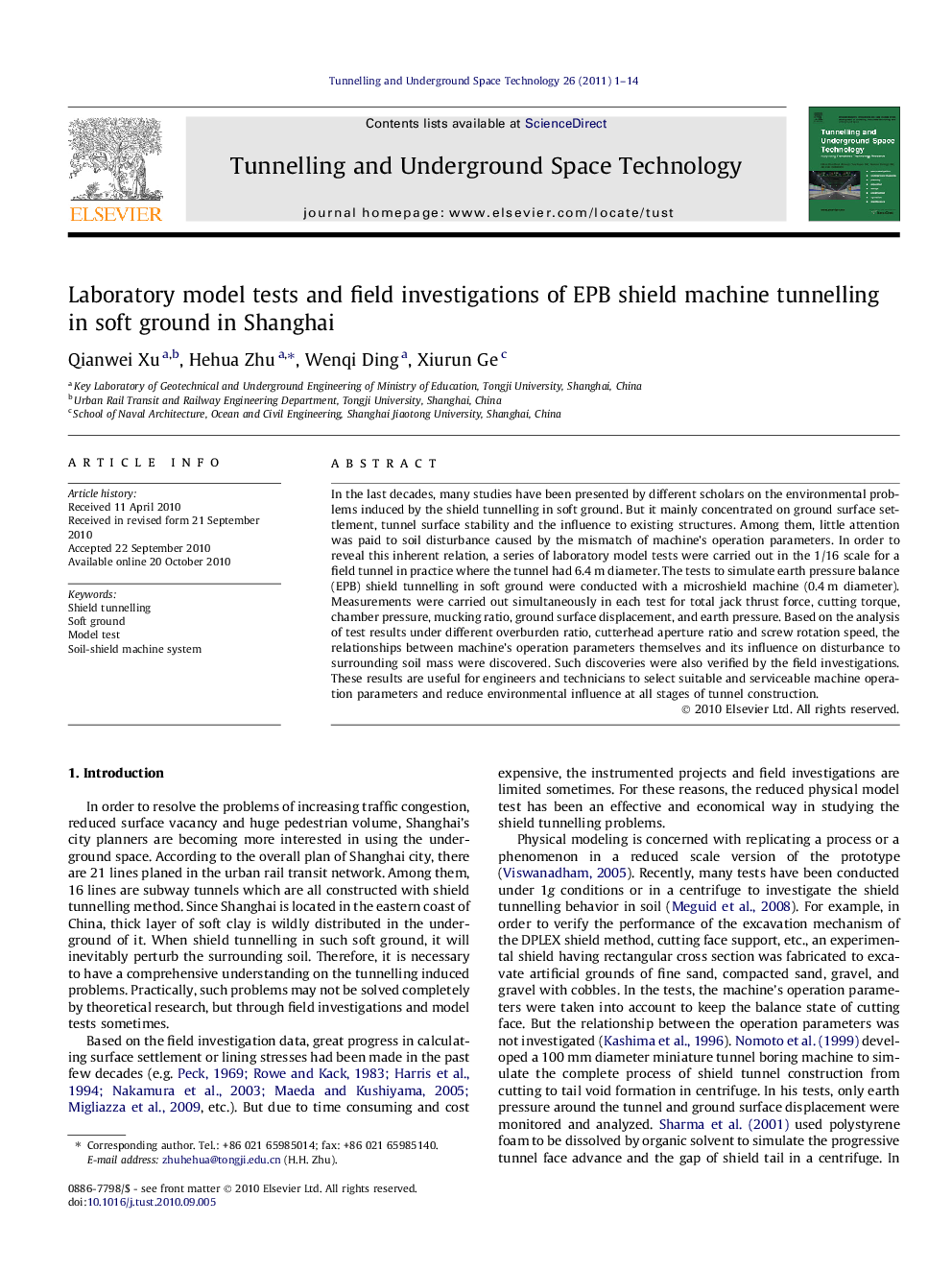 Laboratory model tests and field investigations of EPB shield machine tunnelling in soft ground in Shanghai