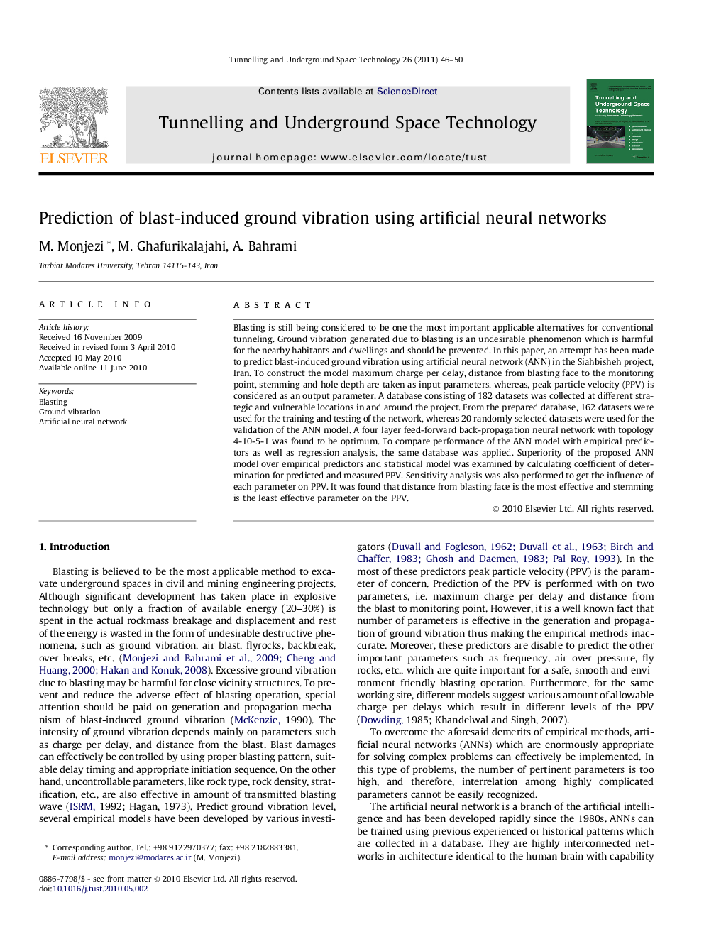 Prediction of blast-induced ground vibration using artificial neural networks