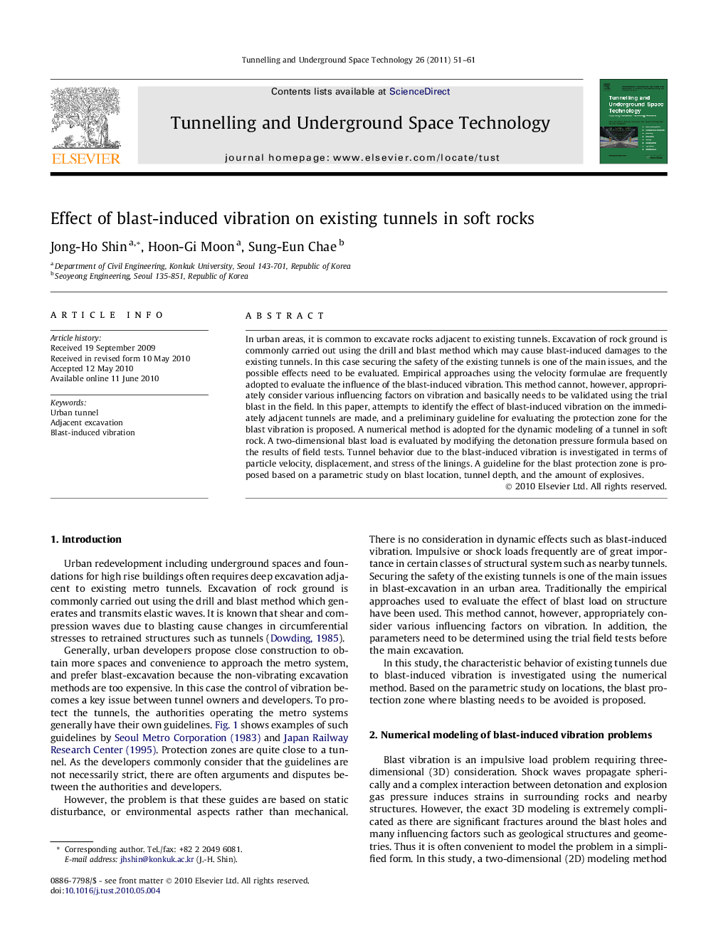 Effect of blast-induced vibration on existing tunnels in soft rocks