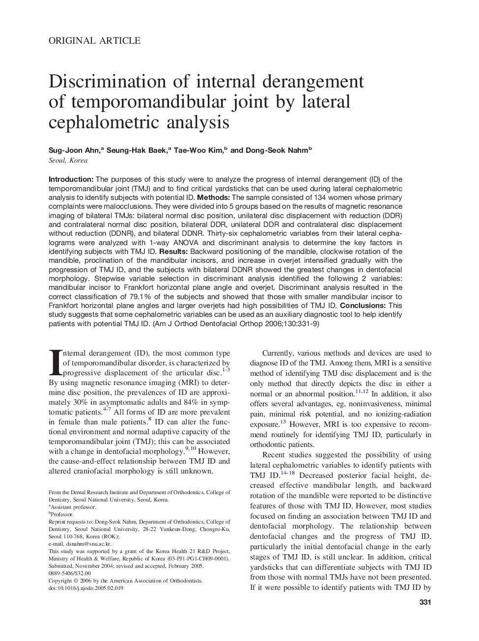 Discrimination of internal derangement of temporomandibular joint by lateral cephalometric analysis 