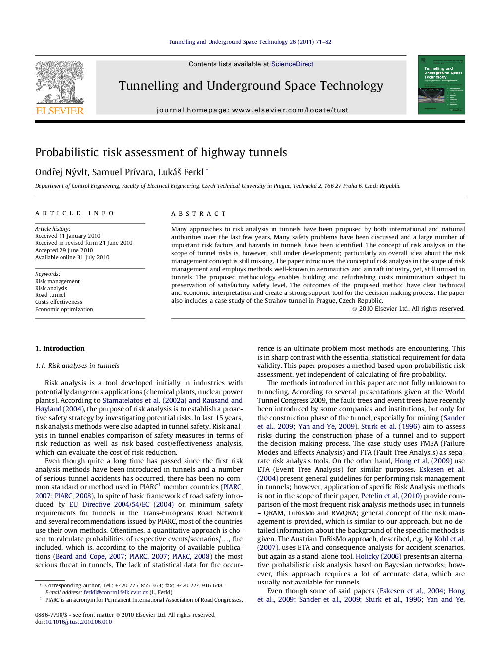 Probabilistic risk assessment of highway tunnels