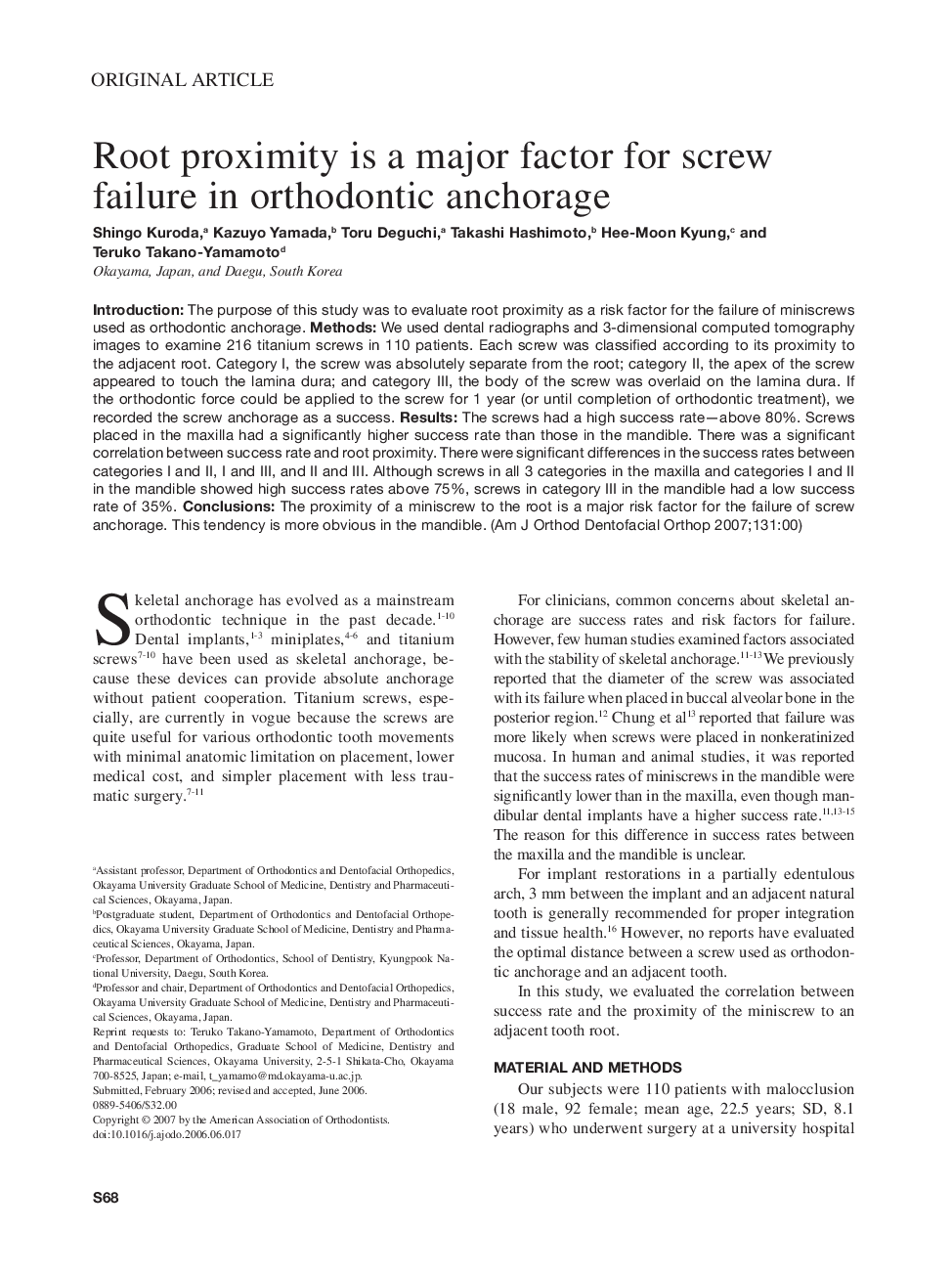 Root proximity is a major factor for screw failure in orthodontic anchorage