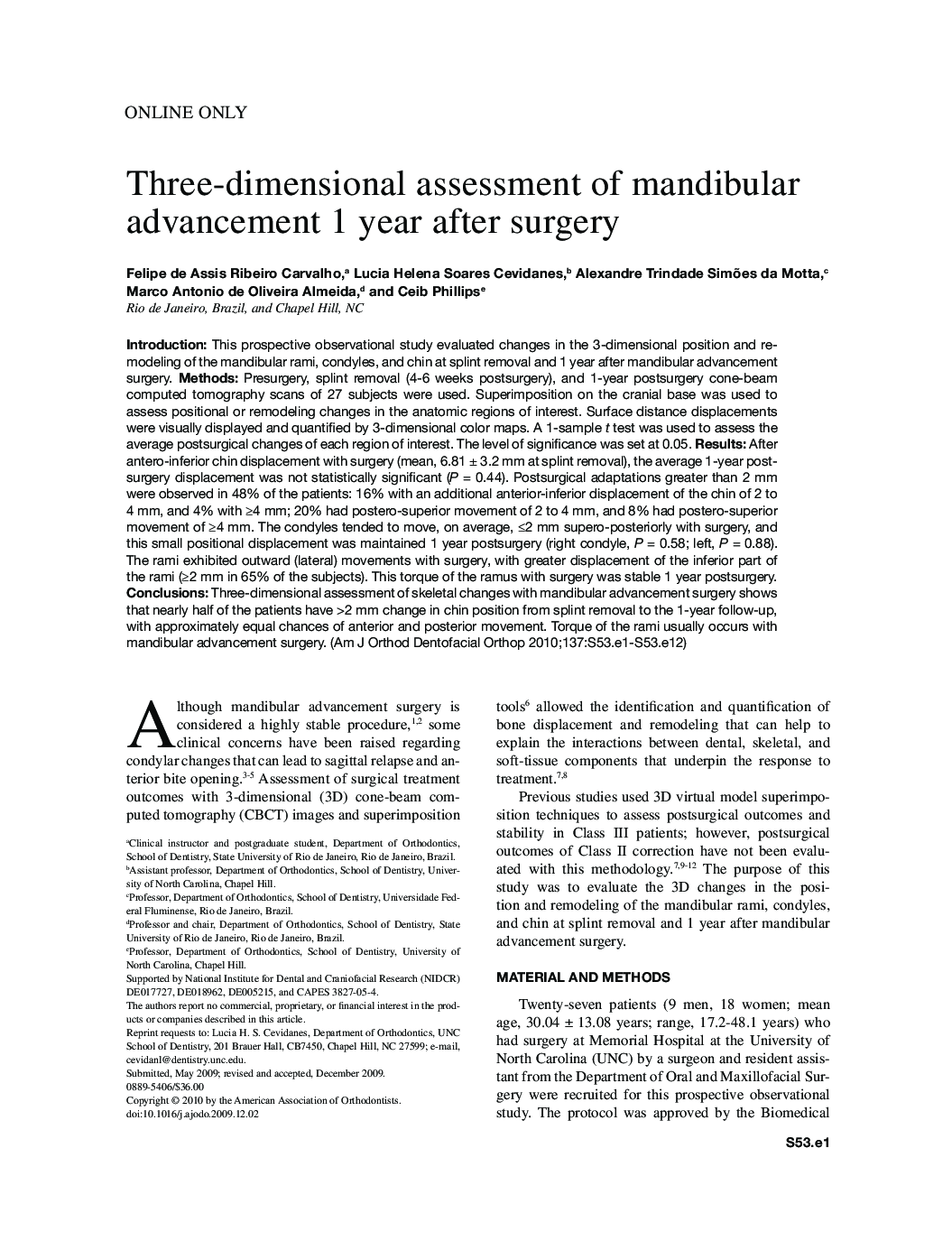 Three-dimensional assessment of mandibular advancement 1 year after surgery