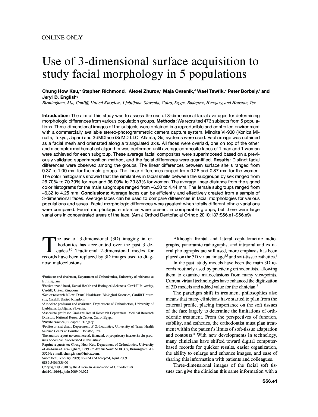 Use of 3-dimensional surface acquisition to study facial morphology in 5 populations