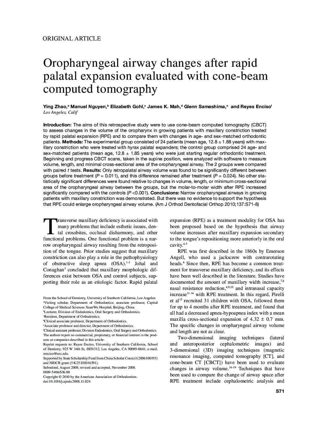 Oropharyngeal airway changes after rapid palatal expansion evaluated with cone-beam computed tomography 