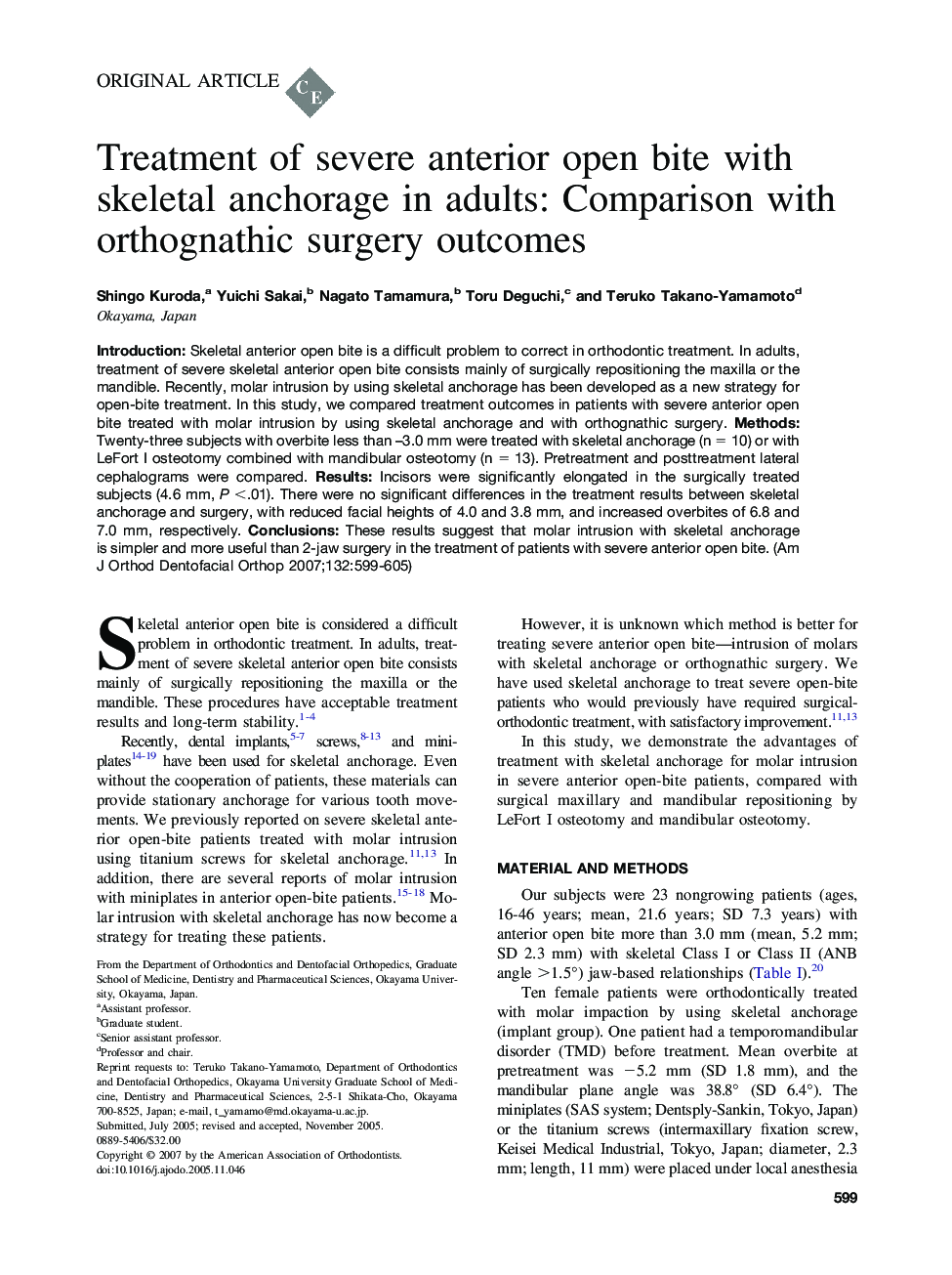 Treatment of severe anterior open bite with skeletal anchorage in adults: Comparison with orthognathic surgery outcomes