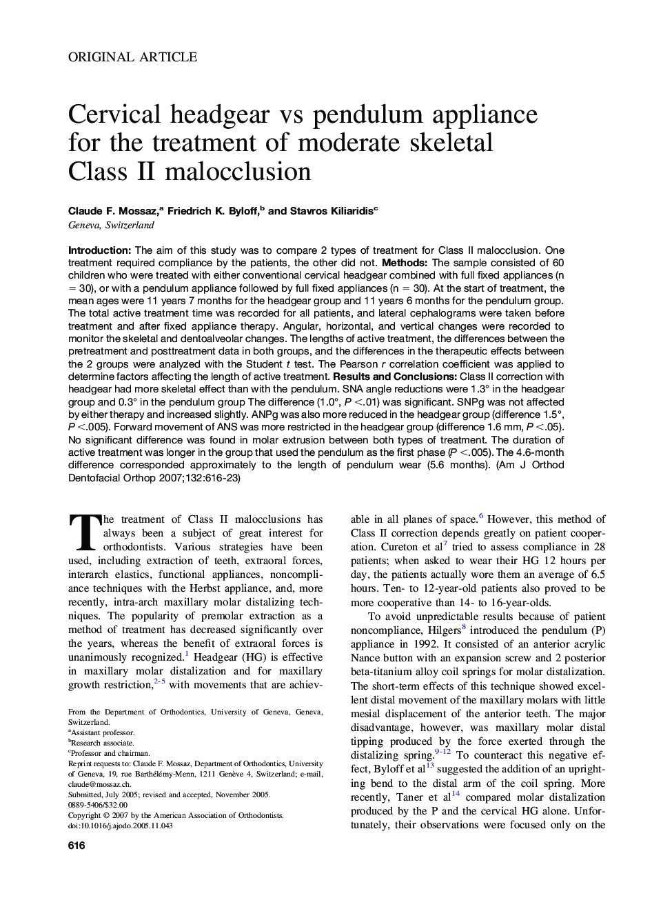 Cervical headgear vs pendulum appliance for the treatment of moderate skeletal Class II malocclusion