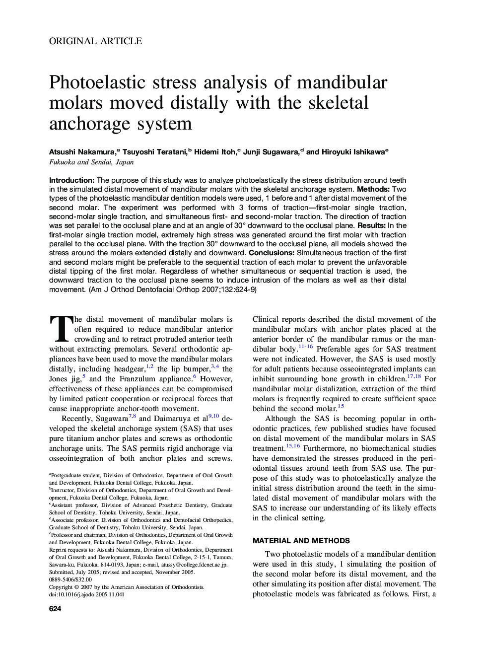 Photoelastic stress analysis of mandibular molars moved distally with the skeletal anchorage system