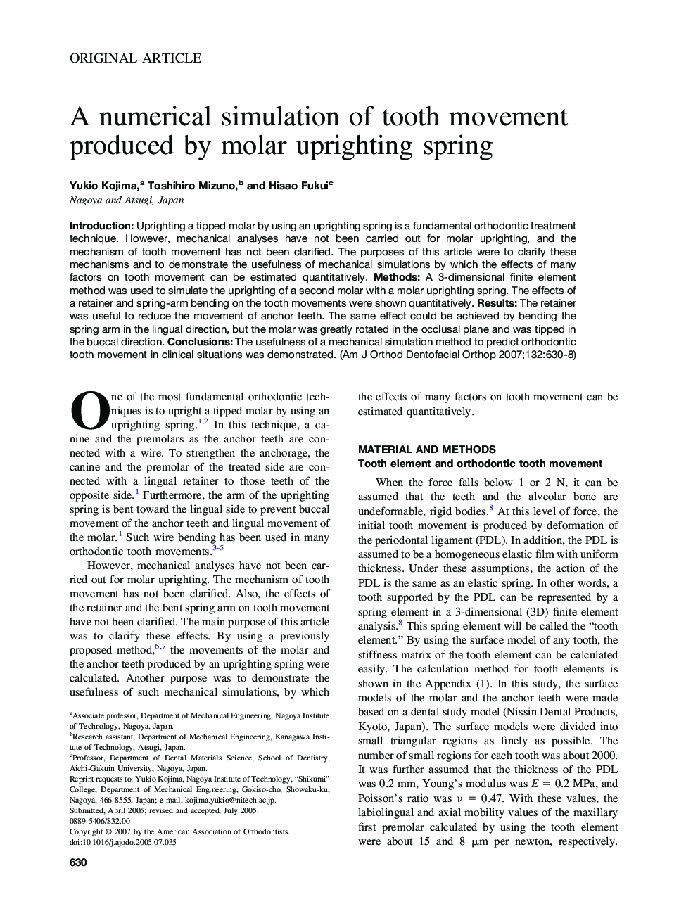 A numerical simulation of tooth movement produced by molar uprighting spring