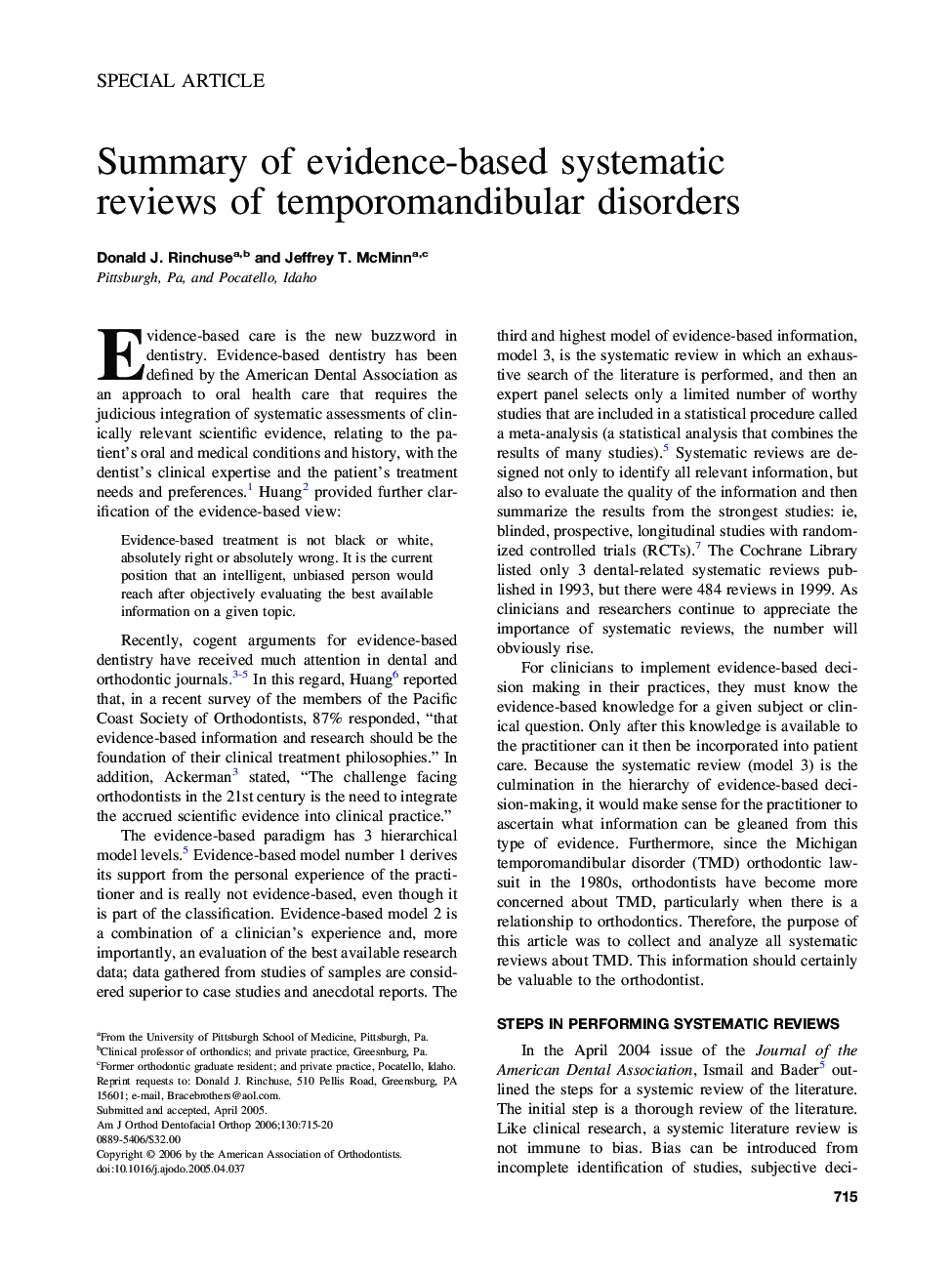 Summary of evidence-based systematic reviews of temporomandibular disorders