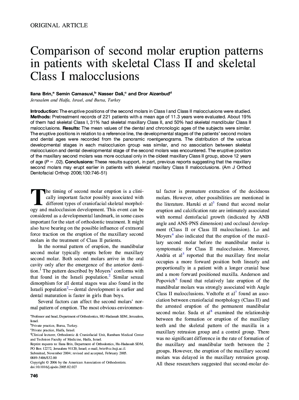 Comparison of second molar eruption patterns in patients with skeletal Class II and skeletal Class I malocclusions