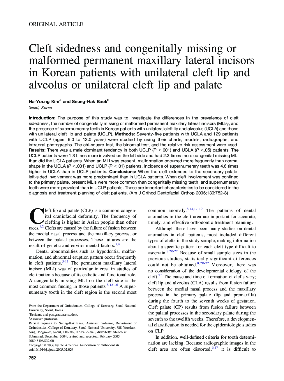 Cleft sidedness and congenitally missing or malformed permanent maxillary lateral incisors in Korean patients with unilateral cleft lip and alveolus or unilateral cleft lip and palate