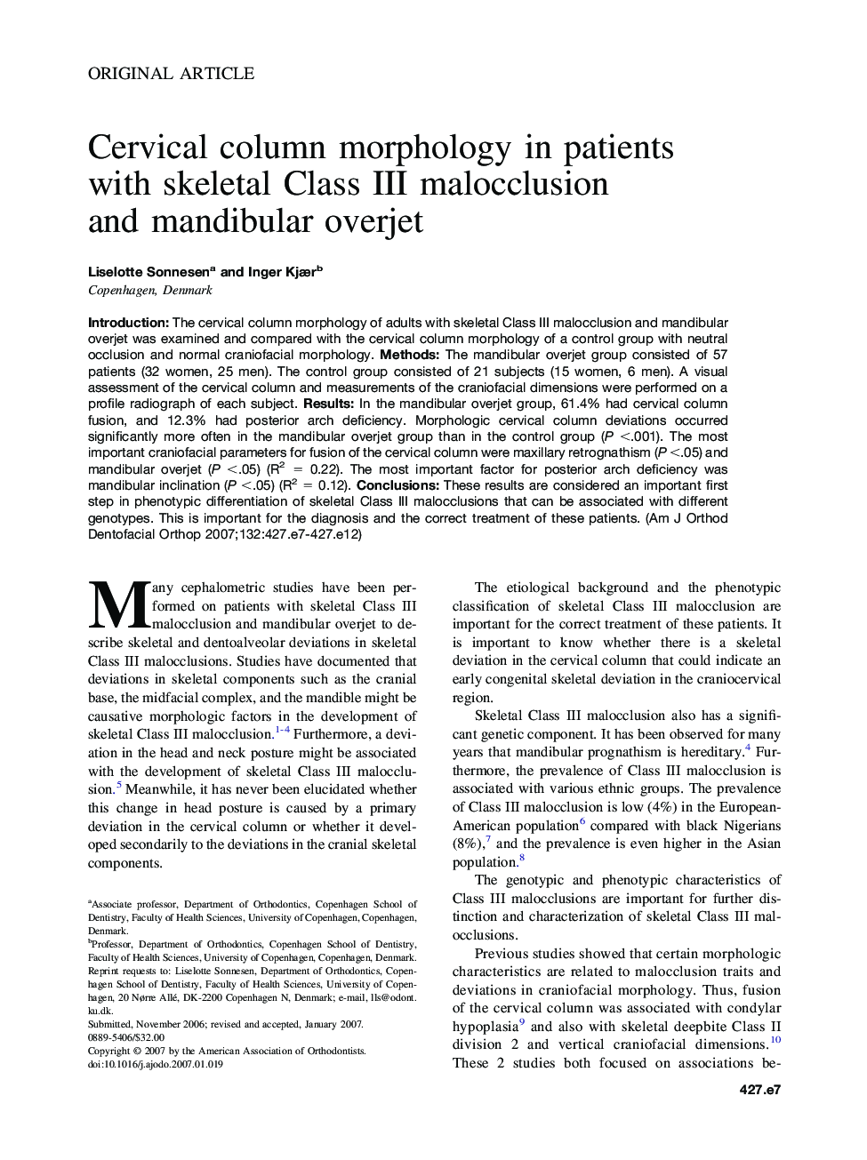 Cervical column morphology in patients with skeletal Class III malocclusion and mandibular overjet