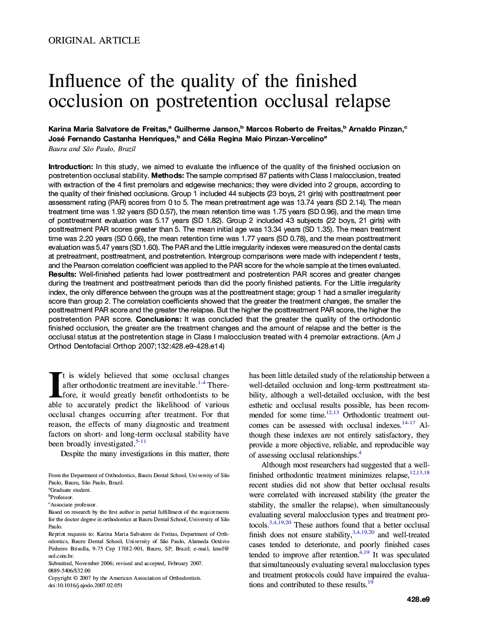 Influence of the quality of the finished occlusion on postretention occlusal relapse