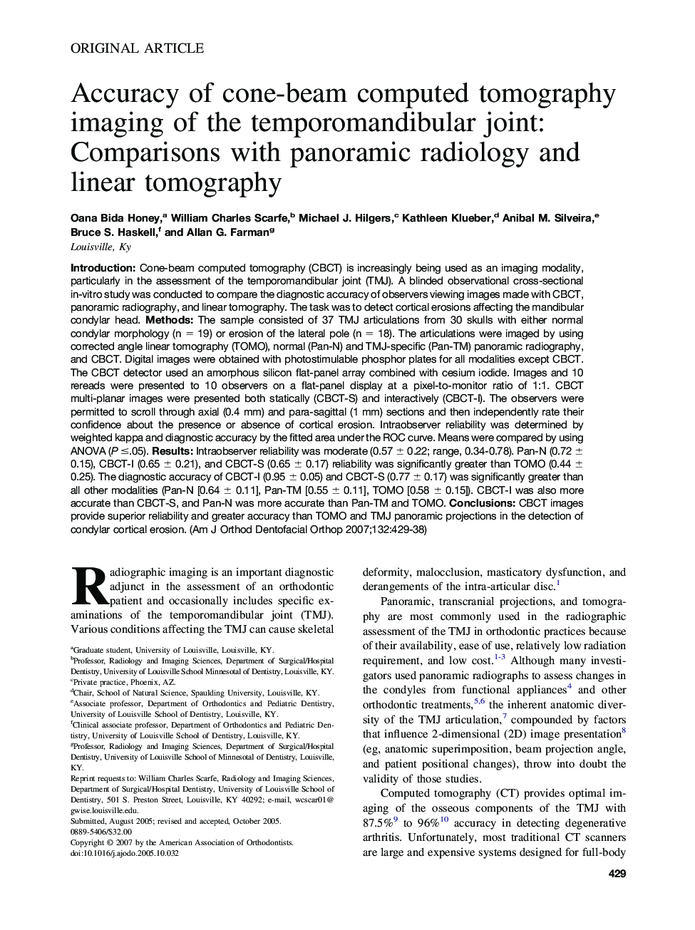 Accuracy of cone-beam computed tomography imaging of the temporomandibular joint: Comparisons with panoramic radiology and linear tomography