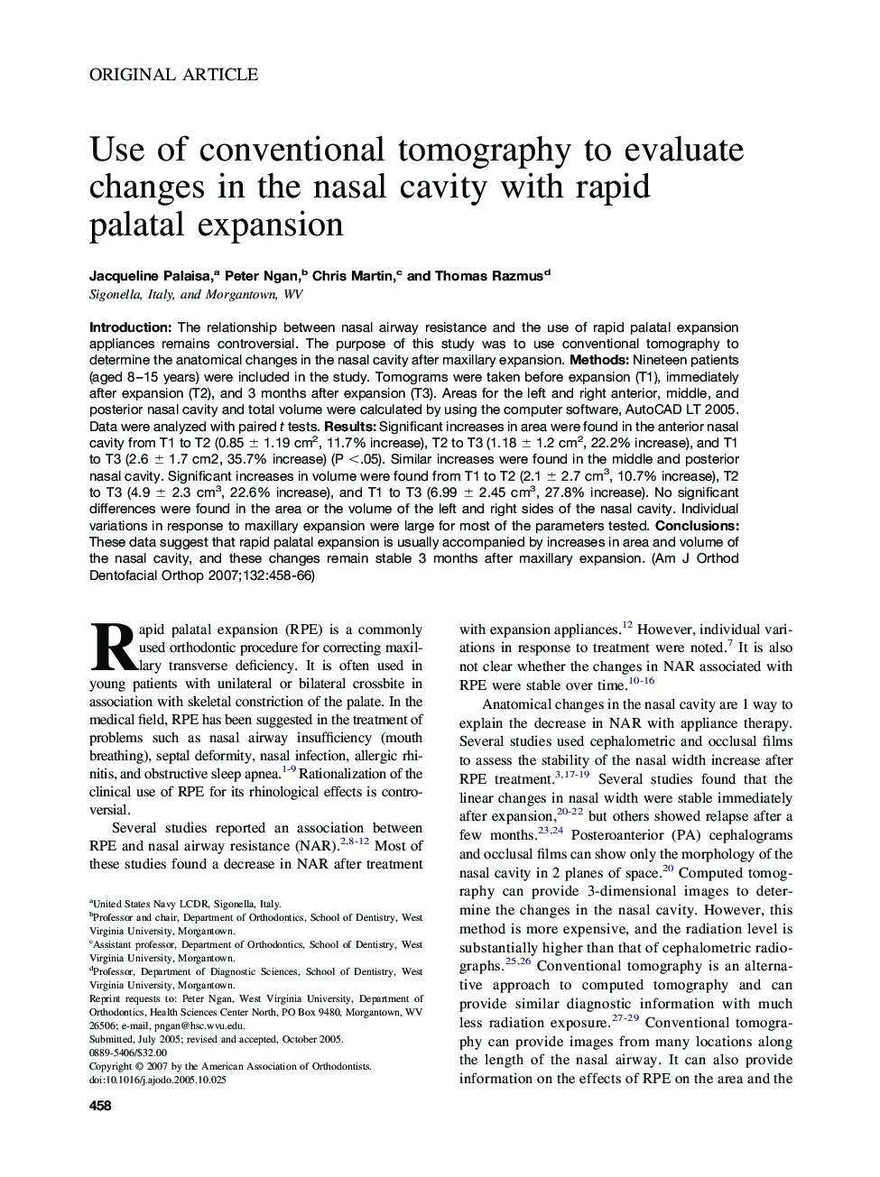 Use of conventional tomography to evaluate changes in the nasal cavity with rapid palatal expansion