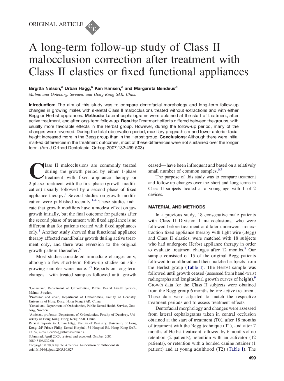 A long-term follow-up study of Class II malocclusion correction after treatment with Class II elastics or fixed functional appliances