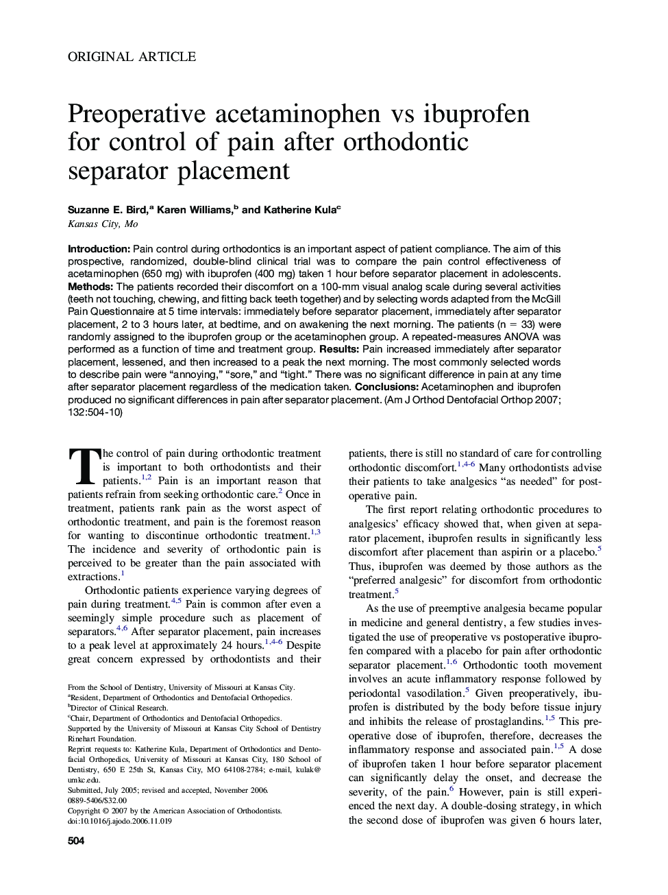 Preoperative acetaminophen vs ibuprofen for control of pain after orthodontic separator placement