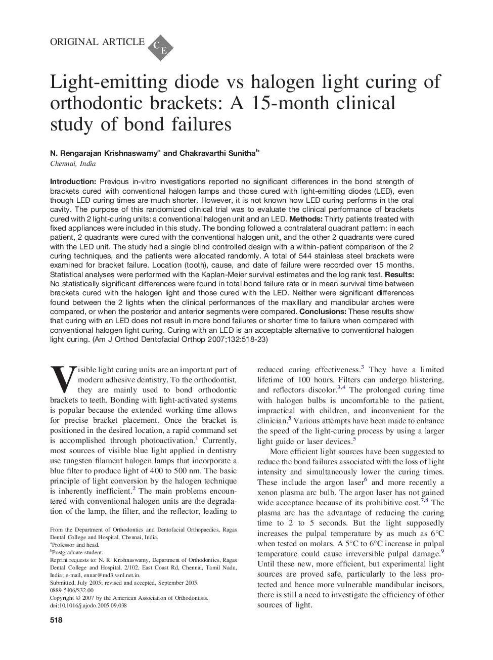 Light-emitting diode vs halogen light curing of orthodontic brackets: A 15-month clinical study of bond failures