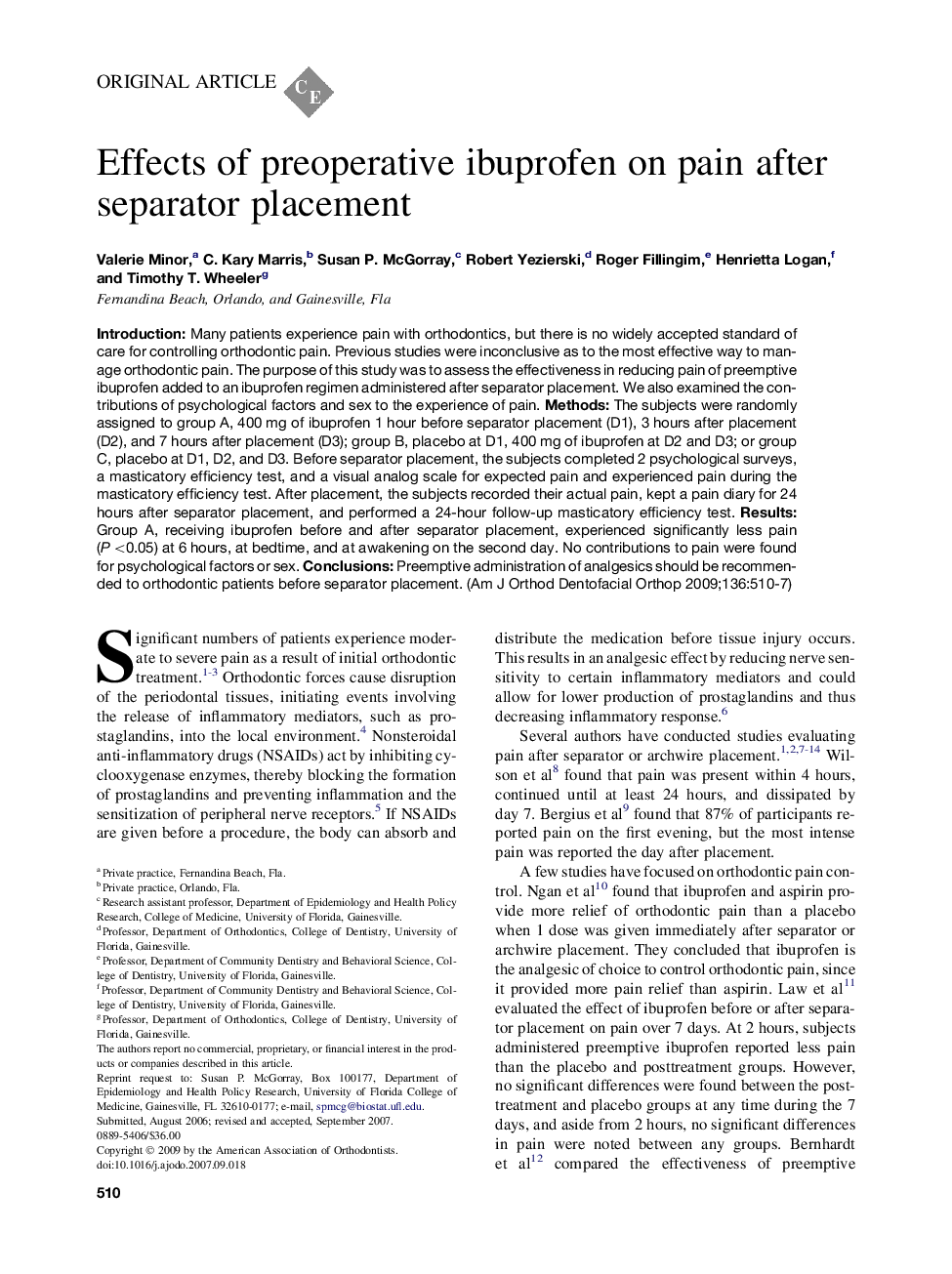 Effects of preoperative ibuprofen on pain after separator placement 