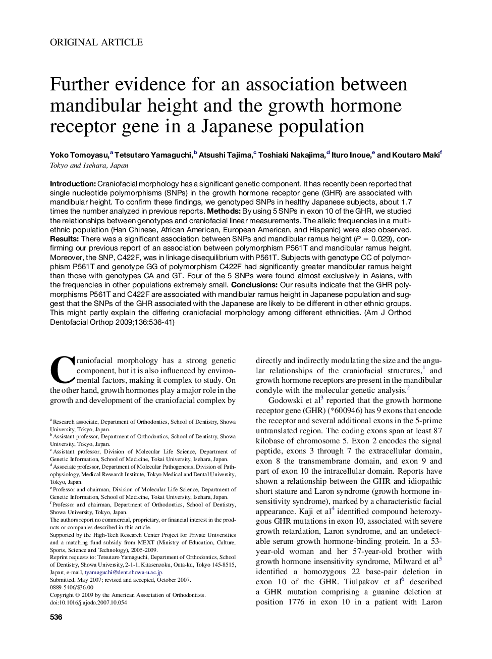 Further evidence for an association between mandibular height and the growth hormone receptor gene in a Japanese population