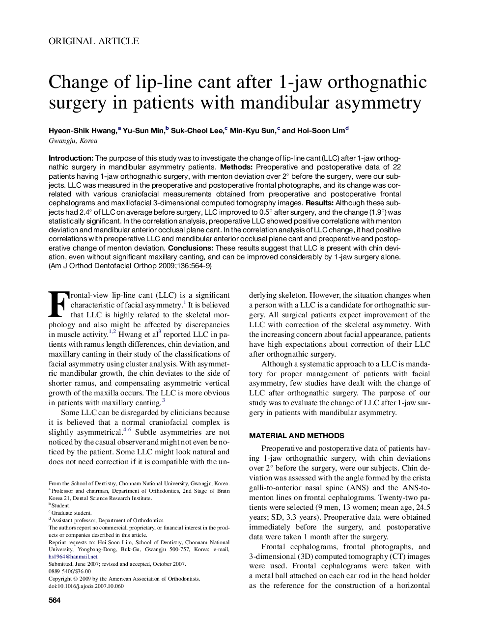 Change of lip-line cant after 1-jaw orthognathic surgery in patients with mandibular asymmetry 