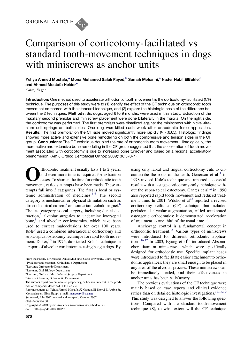 Comparison of corticotomy-facilitated vs standard tooth-movement techniques in dogs with miniscrews as anchor units 