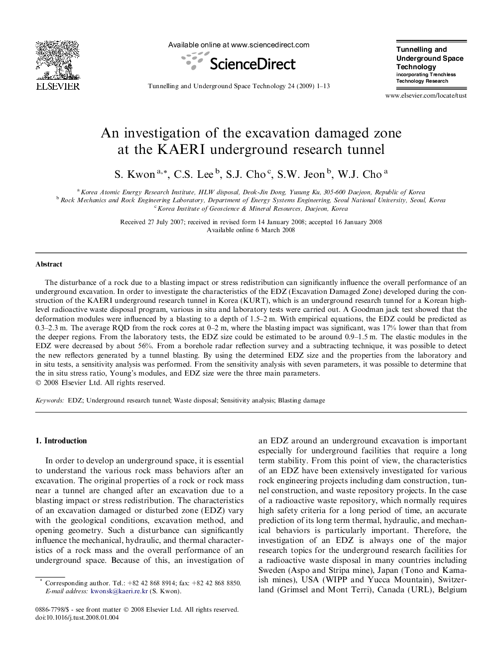 An investigation of the excavation damaged zone at the KAERI underground research tunnel