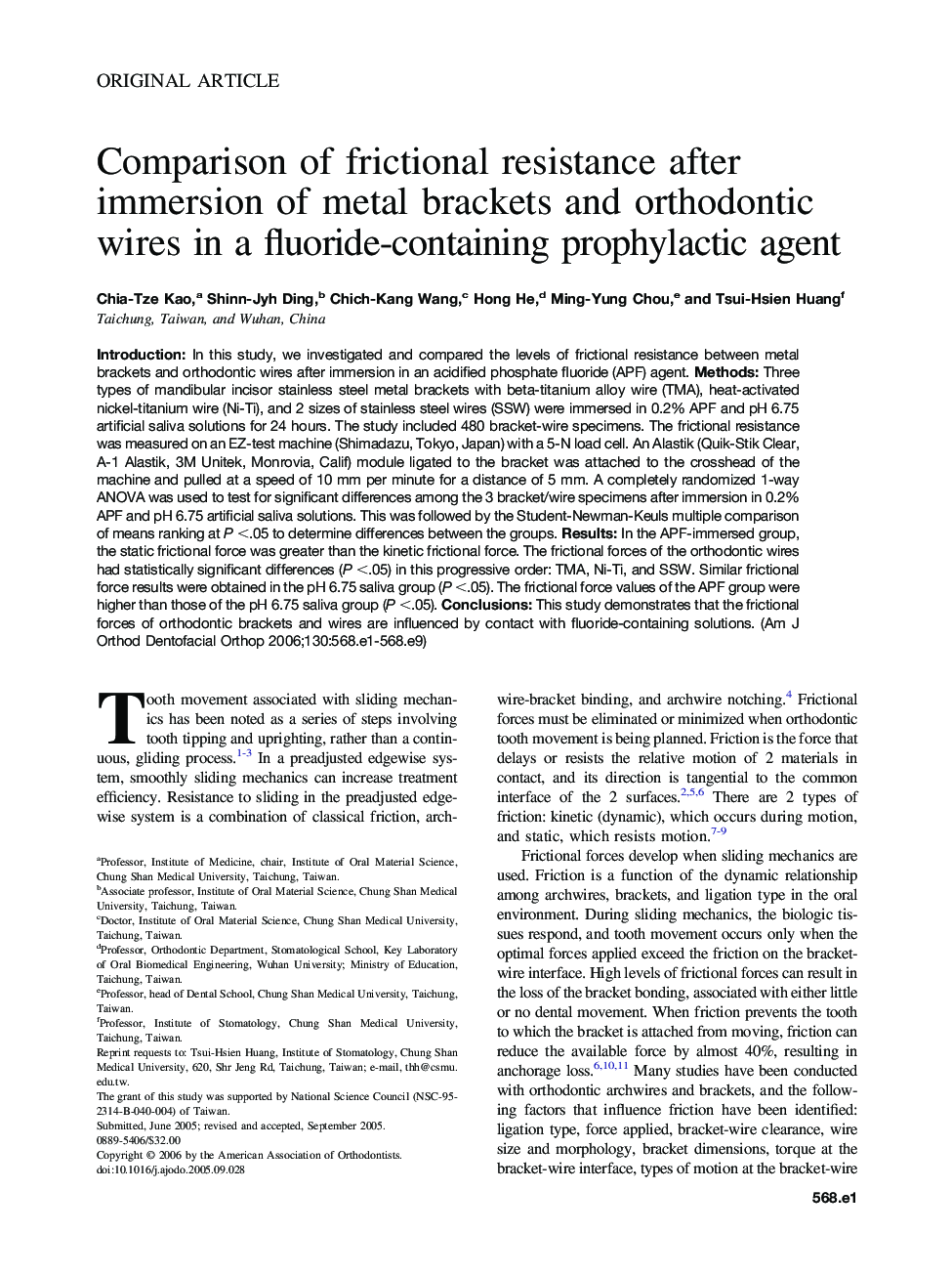 Comparison of frictional resistance after immersion of metal brackets and orthodontic wires in a fluoride-containing prophylactic agent